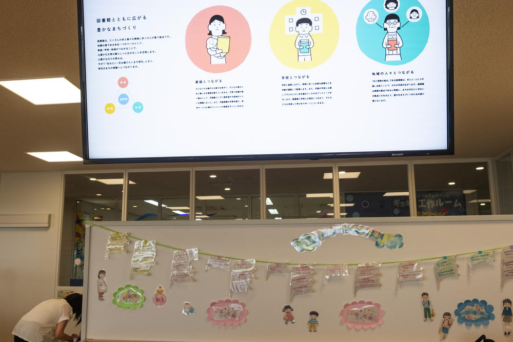 A video monitor at a city-run child care center in western Japan's Akashi city promotes the city's libraries as a way to connect schools, residents and homelife.