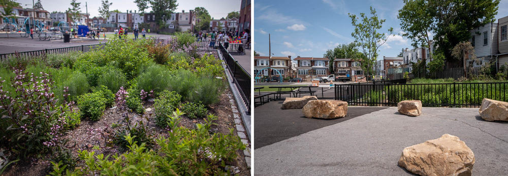 (Left) One of two new rain gardens at the Anderson School. The gardens are designed to reduce flooding and storm water pollution. (Right) Landscape rocks and picnic benches provide seating for outdoor classes at the Add B. Anderson School.
