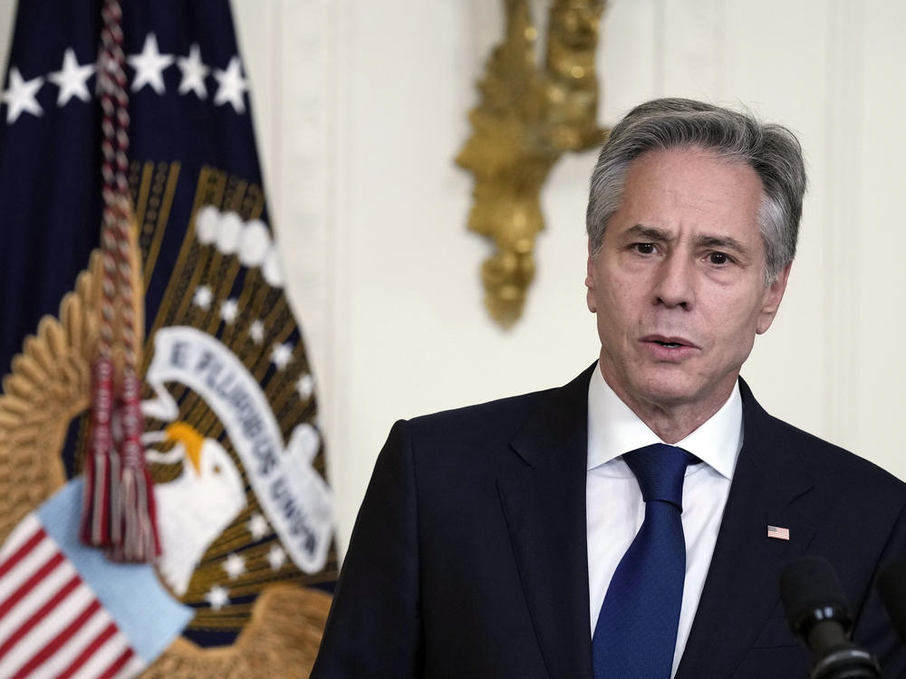 U.S. Secretary of State Antony Blinken speaks at a chiefs of mission reception in the East Room of the White House in Washington, on Tuesday. Blinken heads to China on Friday to meet senior officials, his first visit as secretary of state.