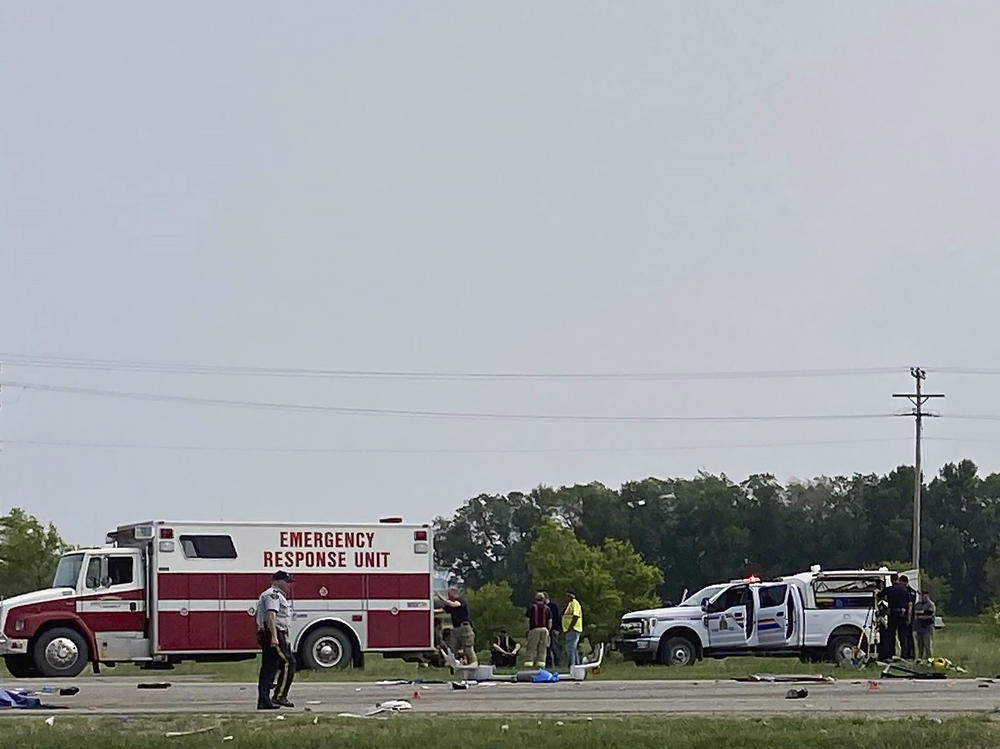 This photo shows the scene of a major collision that has closed a section of the Trans-Canada Highway near Carberry, Manitoba on Thursday June 15, 2023.