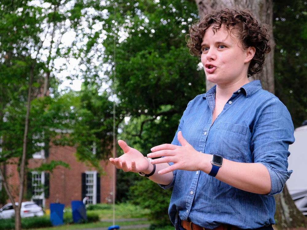 Virginia Del. Sally Hudson's campaign for state Senate has held informal house parties, including this one in Charlottesville, Va. on June 12. Hudson, a 35-year-old economist, says she'd lead on progressive issues in a state Senate she argues is dominated by older white men.