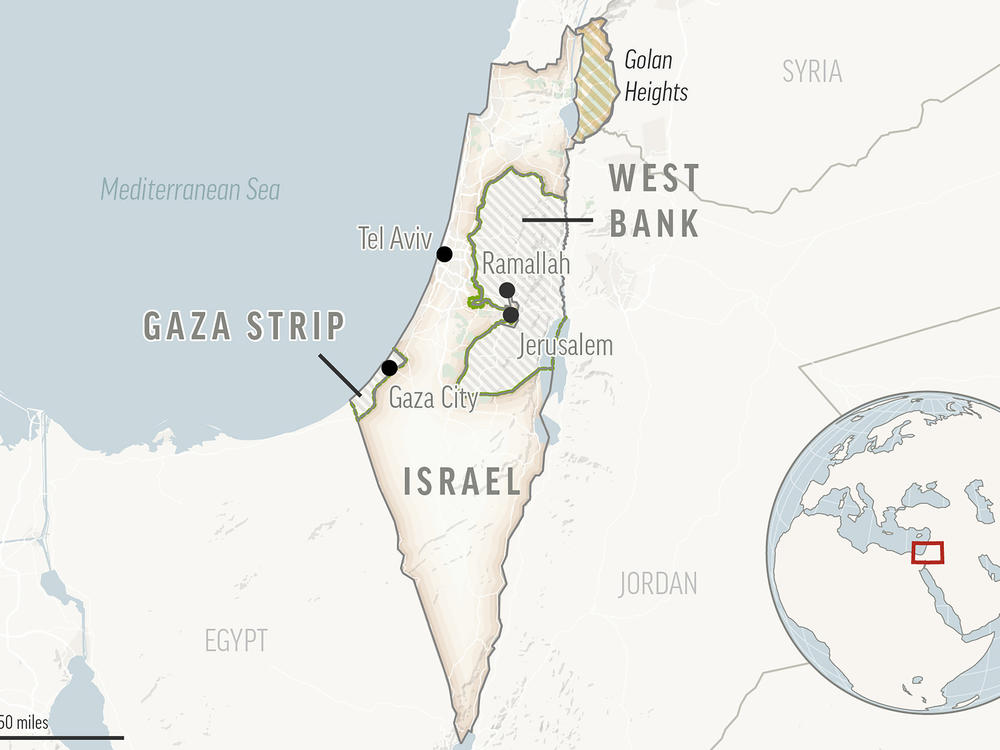 This is a locator map of Israel and the Palestinian Territories.