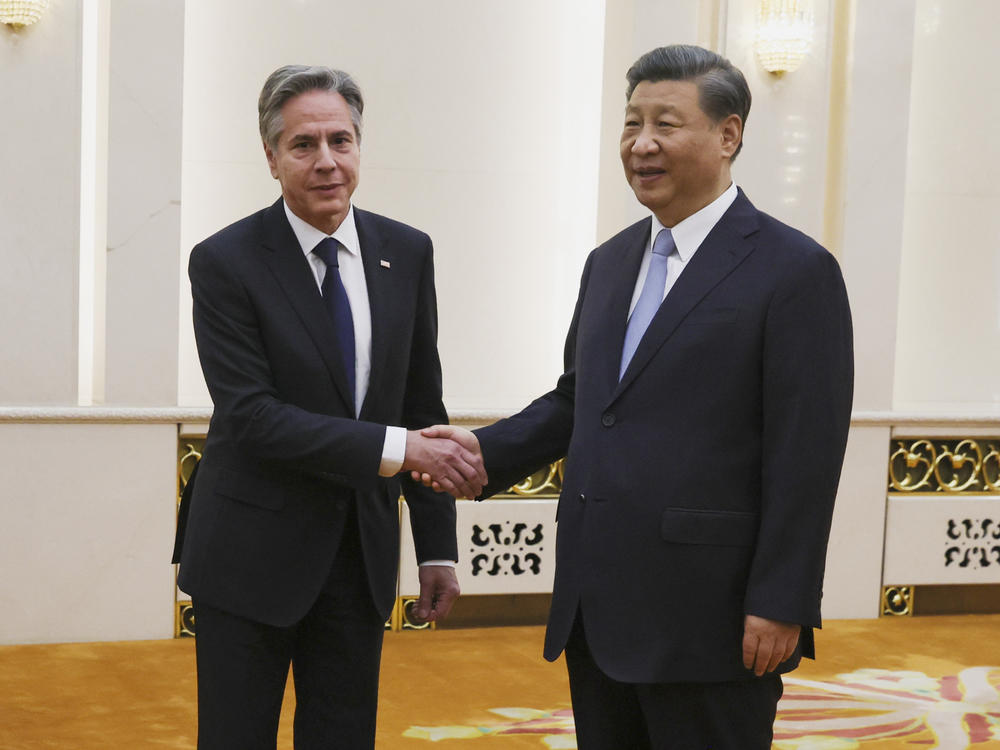 U.S. Secretary of State Antony Blinken shakes hands with Chinese President Xi Jinping in the Great Hall of the People in Beijing, China, Monday, June 19, 2023.