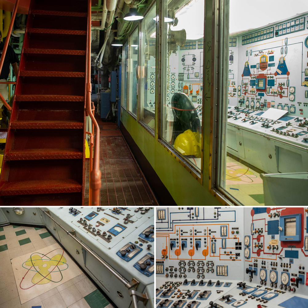 The ship's reactor control room sits next to the turbines that the nuclear reactor powers (top). An atomic motif adorns the floor (bottom left) where engineers stood watch and controlled the reactor using the panels (bottom right).