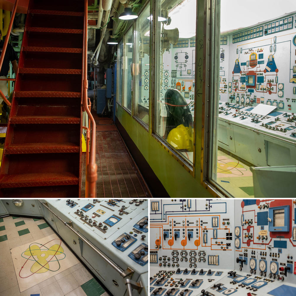 The ship's reactor control room sits next to the turbines that the nuclear reactor powers (top). An atomic motif adorns the floor (bottom left) where engineers stood watch and controlled the reactor using the panels (bottom right).