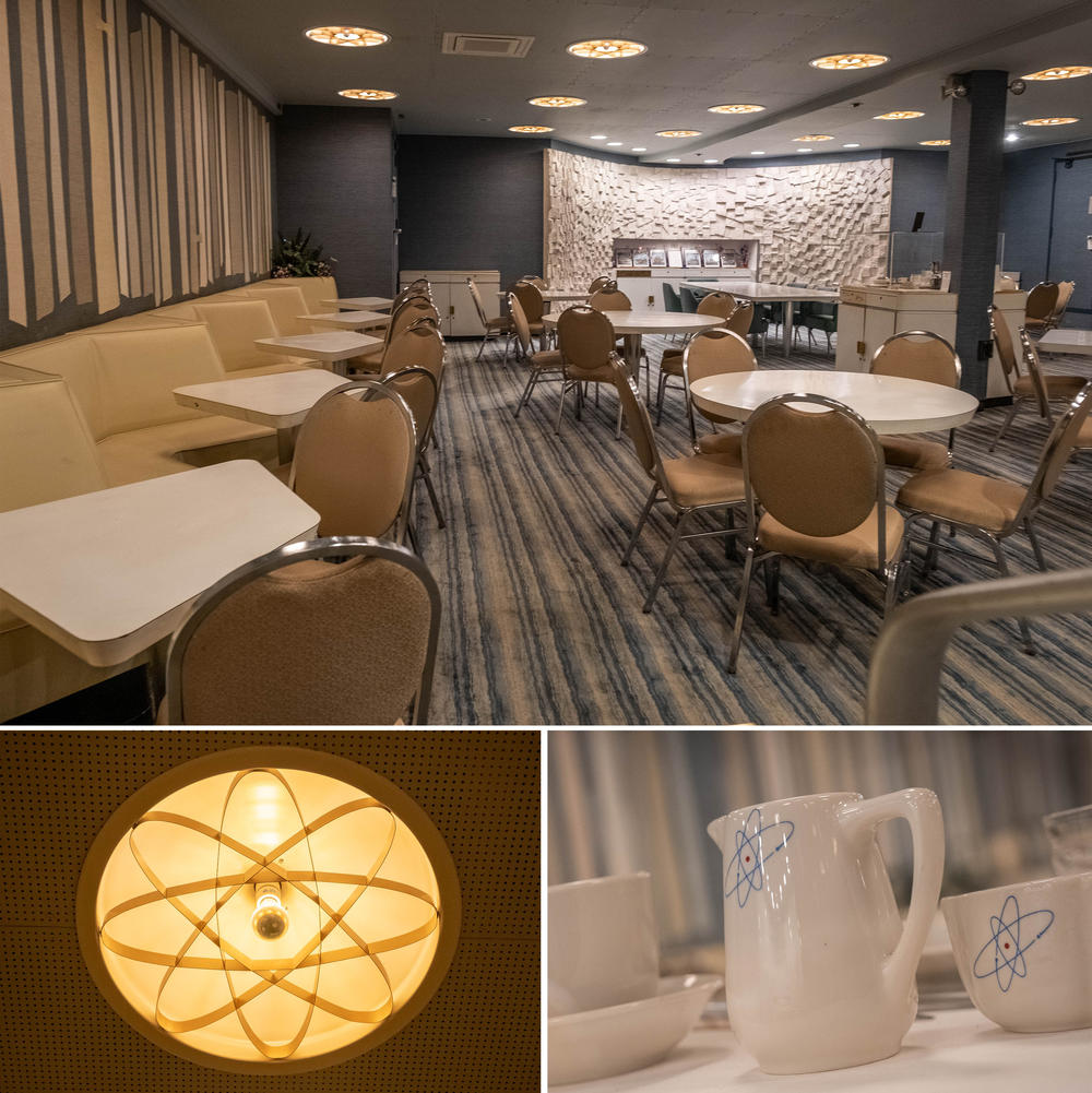 The Savannah's dining room (top) could serve passengers or visitors to the ship. It featured atomic light fixtures (bottom left) and atom-themed dinnerware (bottom right).