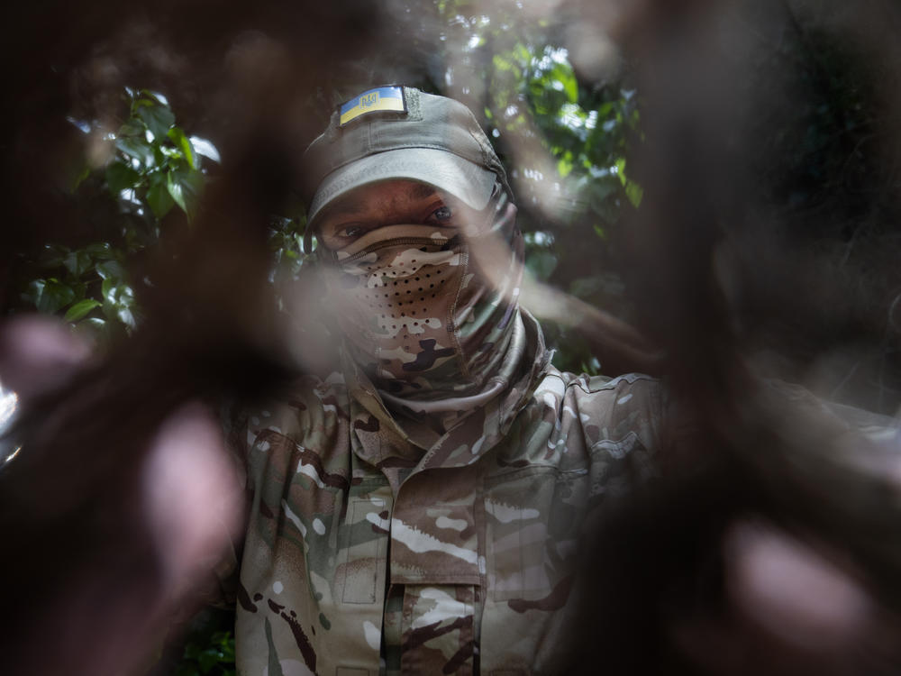 Michel looks through some camouflage netting near his home in Kherson.