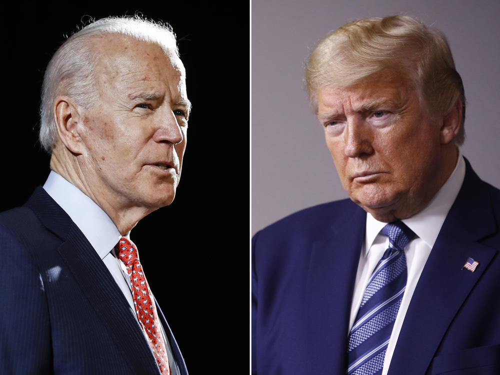 In this combination of file photos, Joe Biden speaks in Wilmington, Del., on March 12, 2020, and Donald Trump speaks at the White House on April 5, 2020.