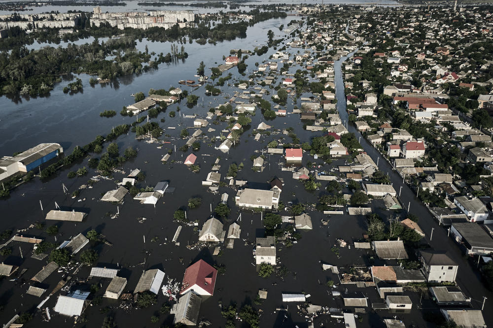 Streets are flooded in Kherson, Ukraine, on June 7, after the walls of the Kakhovka dam collapsed. Residents of southern Ukraine, some who spent the night on rooftops, braced for days of floodwaters on as authorities warned that the dam breach on the Dnipro River would continue to unleash water from a large reservoir.