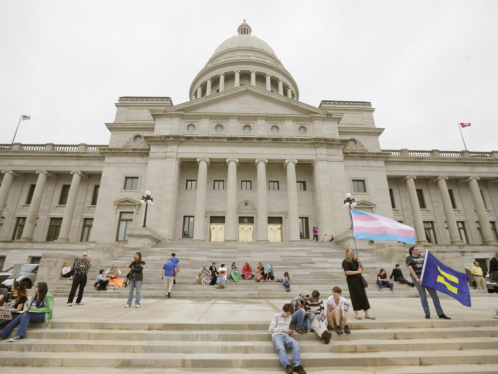 On Tuesday, June 20, 2023, a federal judge blocked Arkansas' ban on gender-affirming care for minors. In this photo, opponents of a religious freedom bill gather at the Arkansas state Capitol in Little Rock, Ark., Thursday, April 2, 2015.