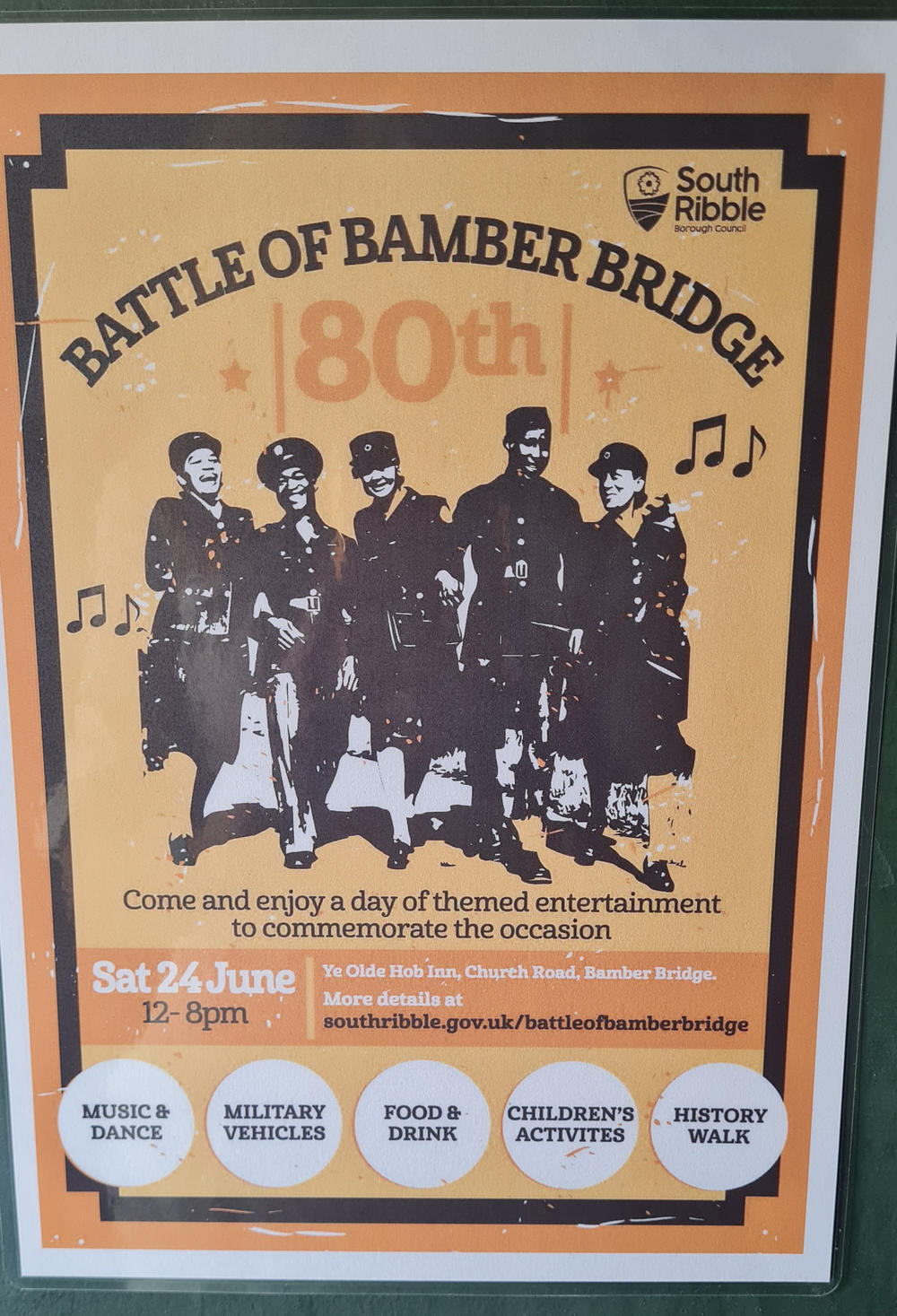 A poster advertising festivities marking the 80th anniversary of the Battle of Bamber Bridge. This weekend, the village of Bamber Bridge will commemorate the heroism of Black U.S. soldiers based in the area during World War II who fought against segregation in the U.S. Army.
