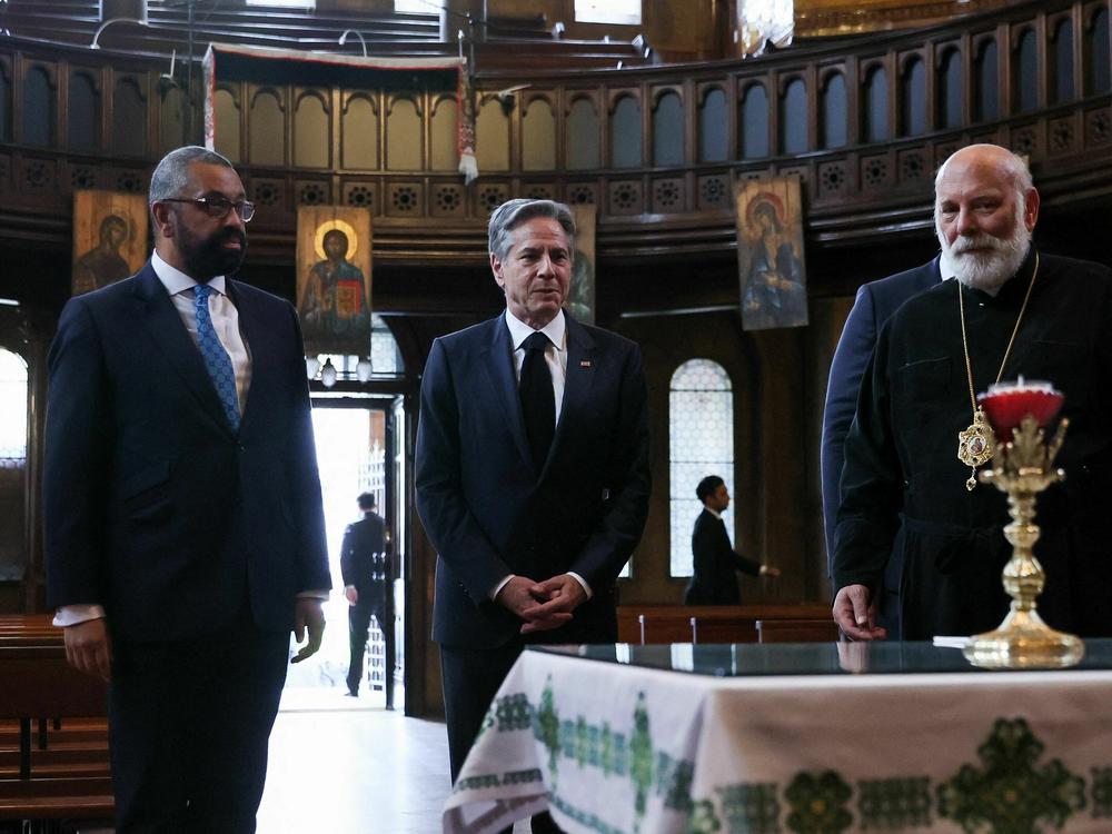 U.S. Secretary of State Antony Blinken and Britain's Foreign Secretary James Cleverly attend an event at the Ukrainian Welcome Center at the Ukrainian Catholic Cathedral, in London, on June 20, 2023
