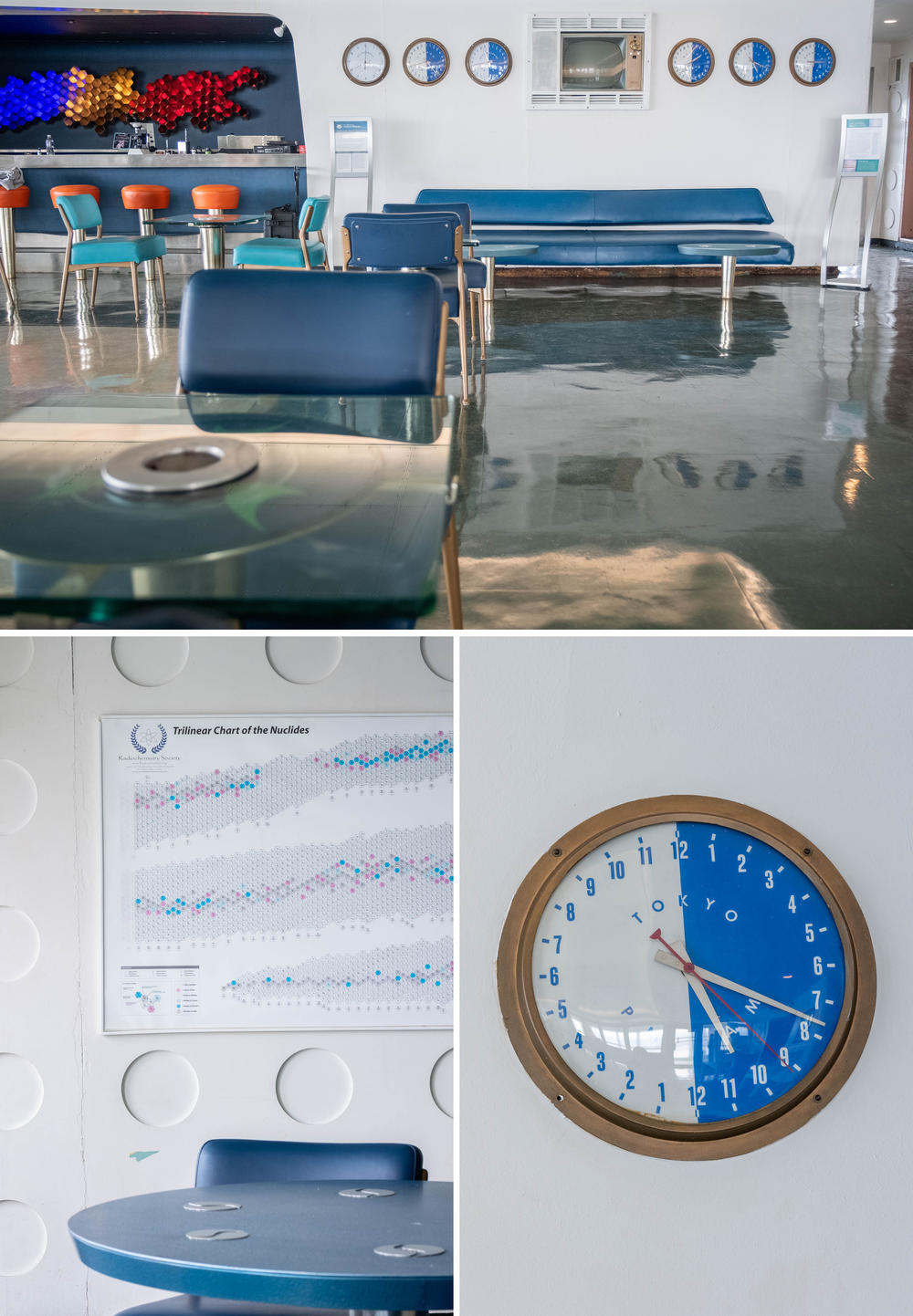 The ship's lounge overlooked a small swimming pool and sported a bar (top). The bar's wine rack was inspired by the chart of the nuclides (bottom left). Clocks gave the time in locations around the world, a nod to the Savannah's international mission (bottom right).