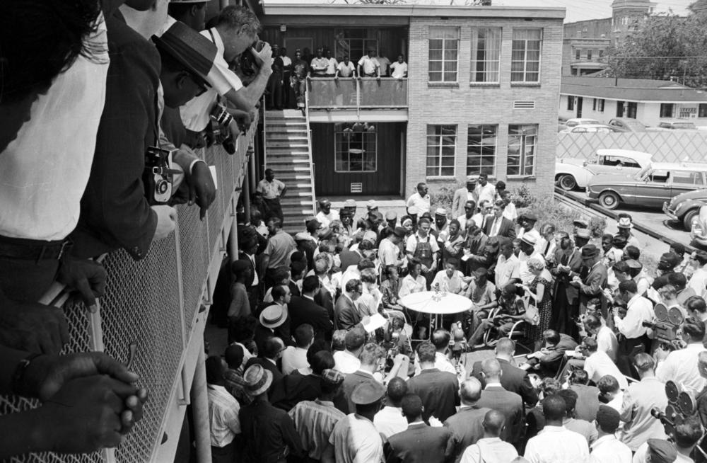 Birmingham Civil Rights protesters hold a news conference in the courtyard of the AG Gaston Motel in the Spring of 1963.