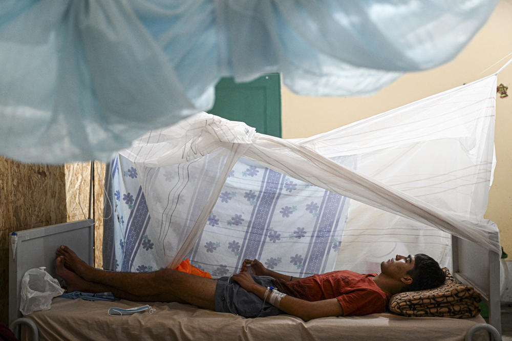 David Salazar, 19, is hospitalized with dengue under a mosquito net at the Support Hospital II in northern Peru.