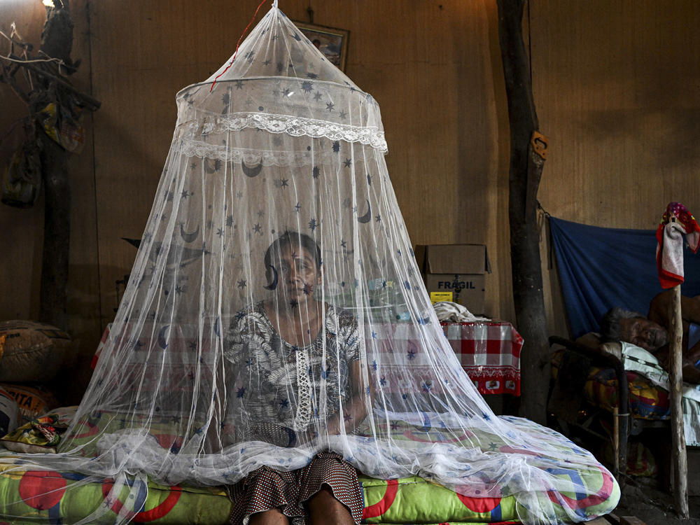 Francisca Sosa sits by her father, one of the many Peruvians who've contracted dengue fever in this unprecedented outbreak.