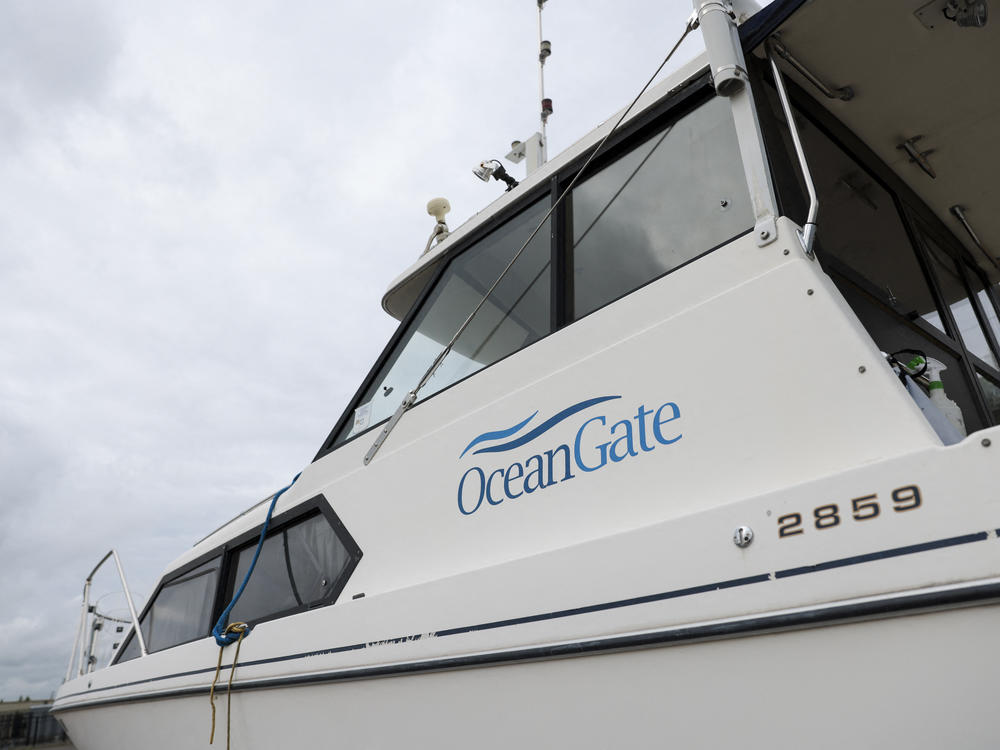 The OceanGate logo is pictured on a boat at the Port of Everett Boat Yard in Everett, Wash., on Tuesday.