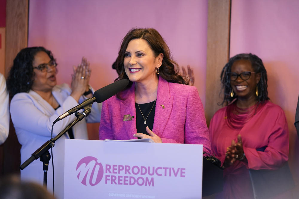 Michigan Gov. Gretchen Whitmer addresses supporters before signing legislation to repeal the 1931 abortion ban statute, which criminalized abortion in nearly all cases during a bill signing ceremony, Wed., April 5, 2023, in Birmingham, Mich.