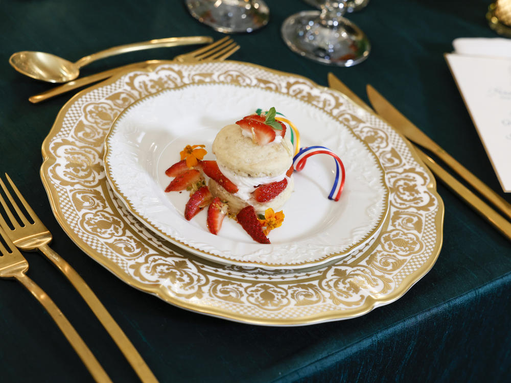 The dessert at the dinner is a rose and cardamom-infused strawberry shortcake. White House Executive Pastry Chef Susie Morrison says they made 900 sugar twists for the dish.