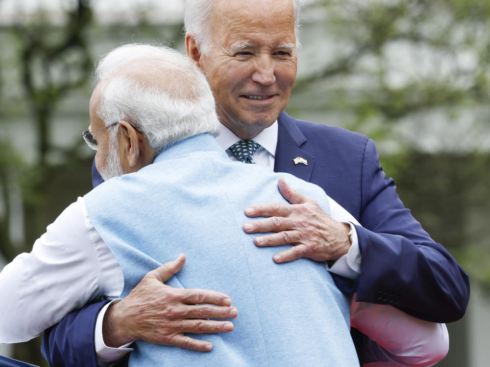 President Biden and Indian Prime Minister Narendra Modi hug during an arrival ceremony at the White House on June 22.