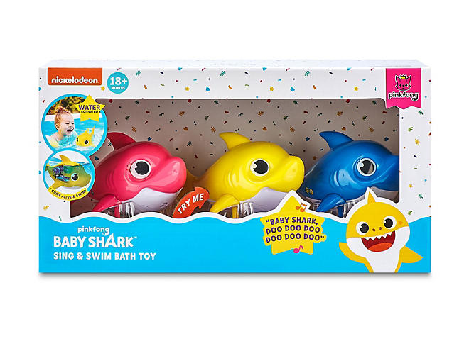 Pictured are the mini versions of Zuru Toys' Baby Shark-branded toys that sing or swim when placed in water. The company recalled mini and full-size versions of the toys after a dozen children were injured from sitting or falling onto the toys.