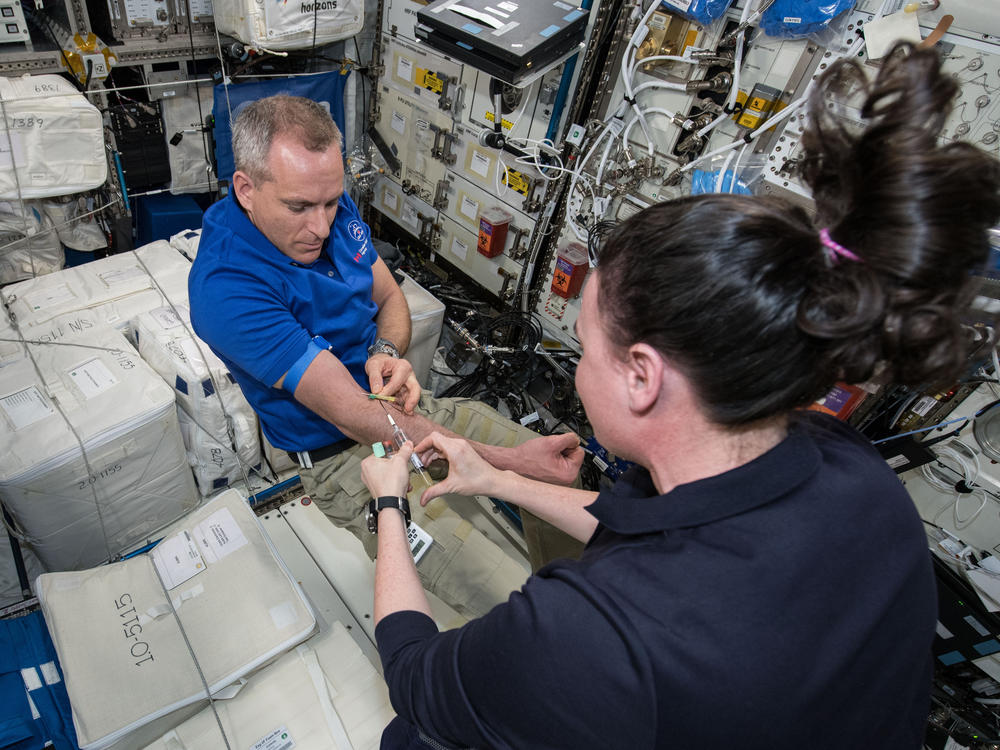 Canadian astronaut David Saint-Jacques has his blood sampled on board the International Space Station for an experiment that examines the space-related changes that occur in blood and bone marrow.