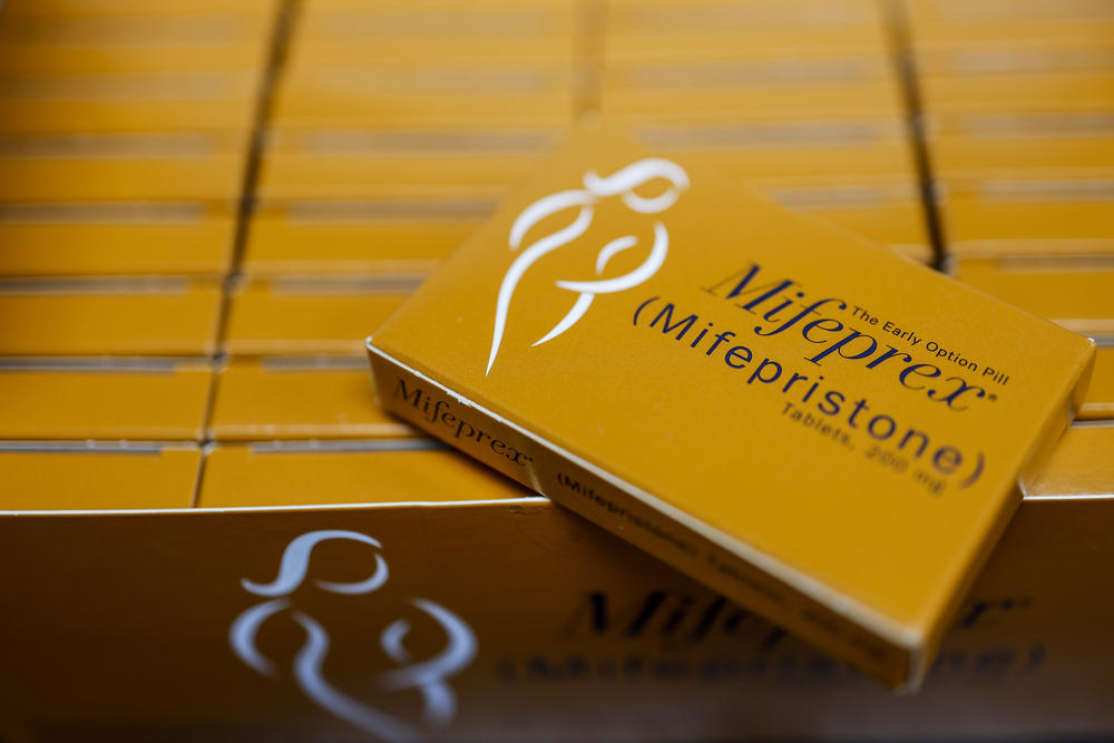 In this photo illustration, packages of Mifepristone tablets are displayed at a family planning clinic on April 13, 2023 in Rockville, Maryland.