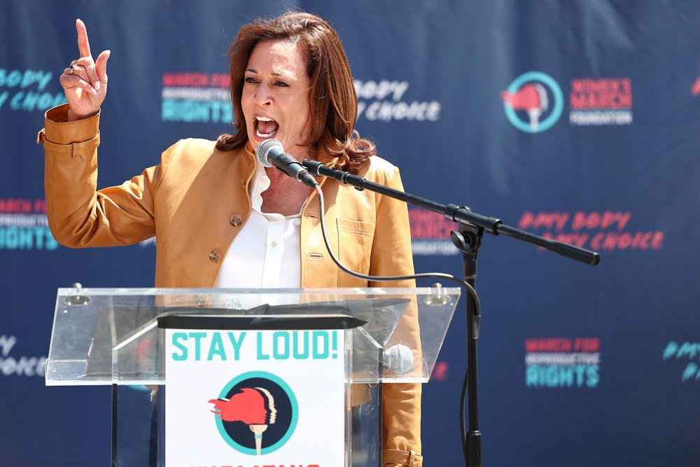U.S. Vice President Kamala Harris speaks during a surprise appearance at the March for Reproductive Rights organized by Women's March L.A. on April 15, 2023 in Los Angeles, Calif.
