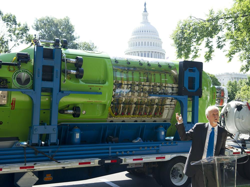 James Cameron speaks in front of his Deepsea Challenger submersible near the U.S. Capitol in June 2013.