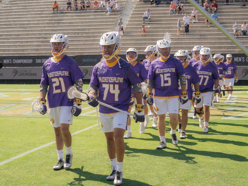 The Haudenosaunee Nationals walk on to the field before a match against England at the World Lacrosse Championships on June 23, 2023, at Torrero Stadium in San Diego, Calif.