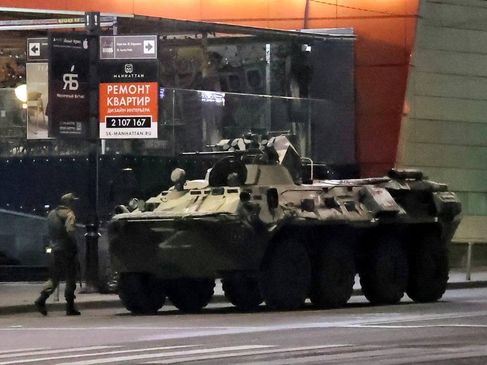 An armored personnel carrier is parked in a street in the city of Rostov-on-Don early Saturday.