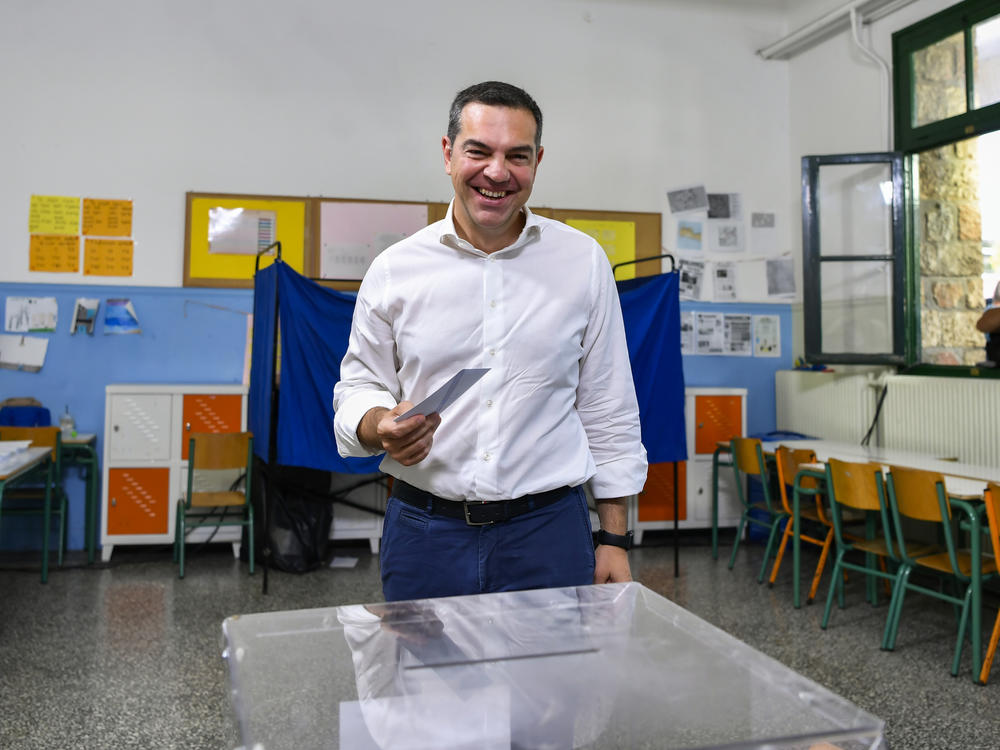 Opposition leader Alexis Tsipras, head of the left-wing Syriza party, votes at a polling station in Athens, Greece, on Sunday.
