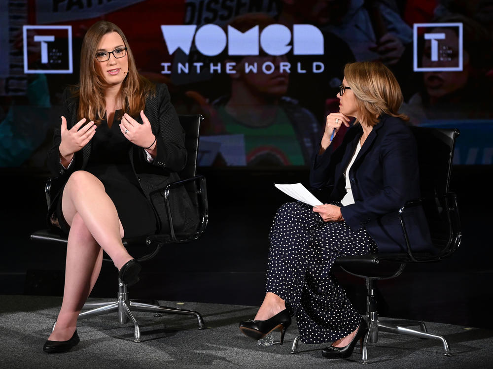Sarah McBride and Katie Couric speak onstage during the Women In The World summit on April 11, 2019 in New York City.