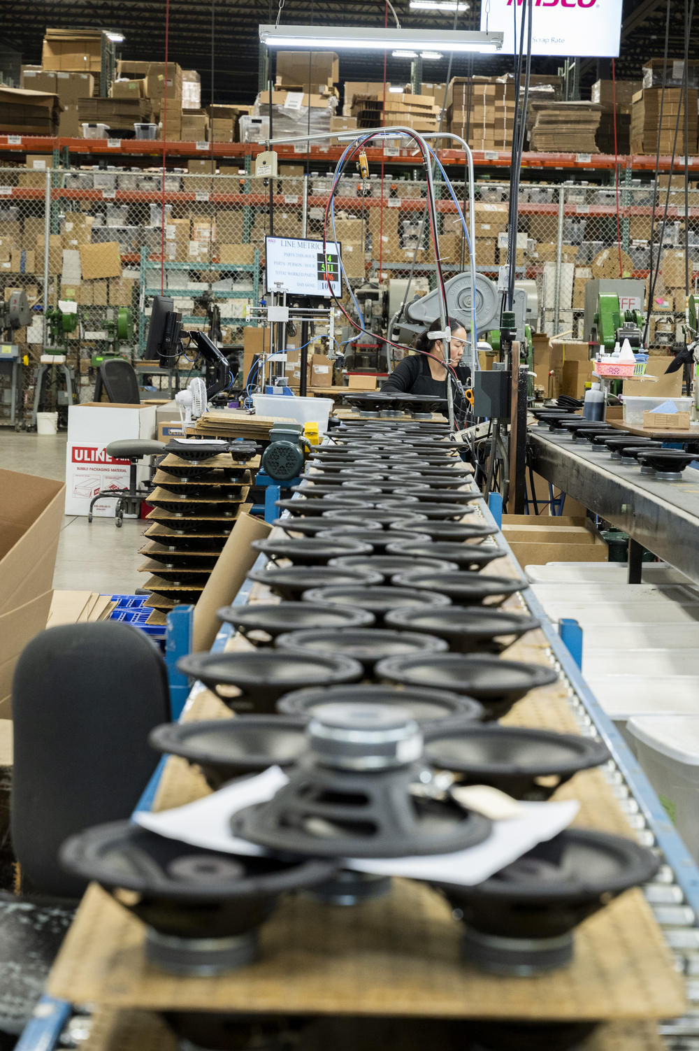 Speakers on the assembly line at the MISCO factory in St. Paul, Minn. on May 18, 2023.