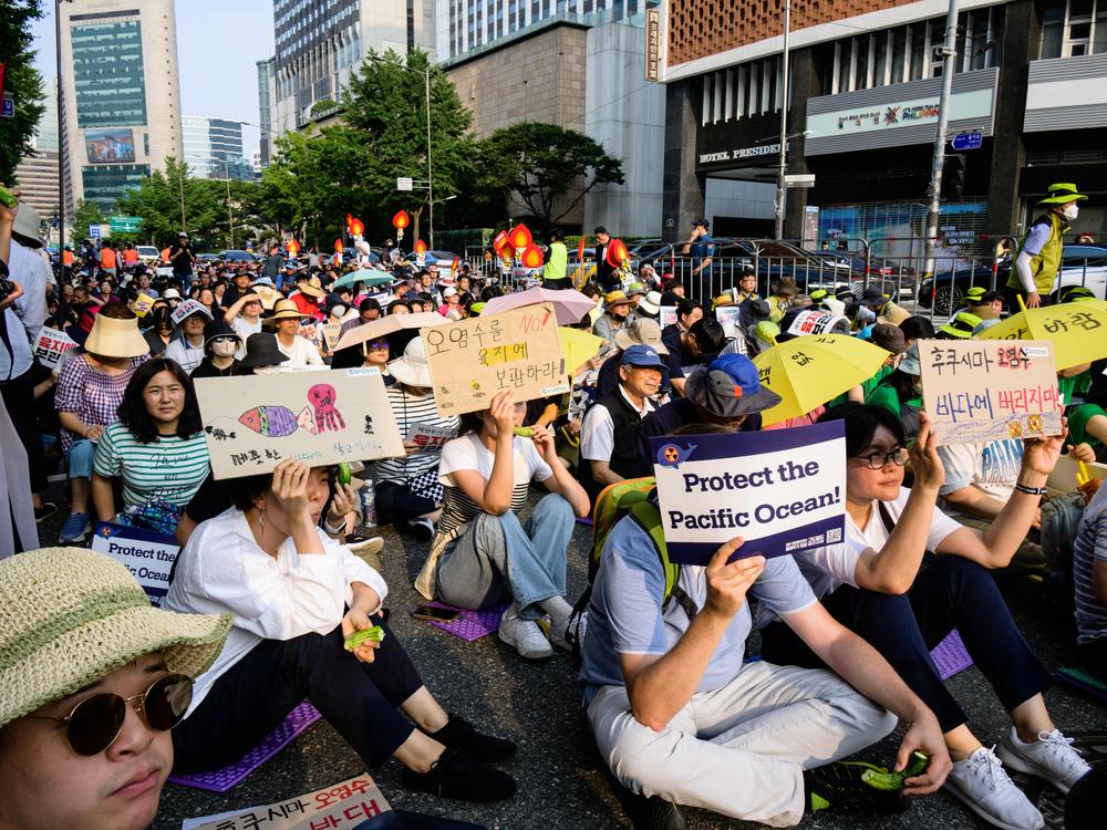 Activists gather to protest against a planned release of water from the Fukushima Dai-Ichi nuclear plant in Japan, in Seoul, South Korea, on Saturday.