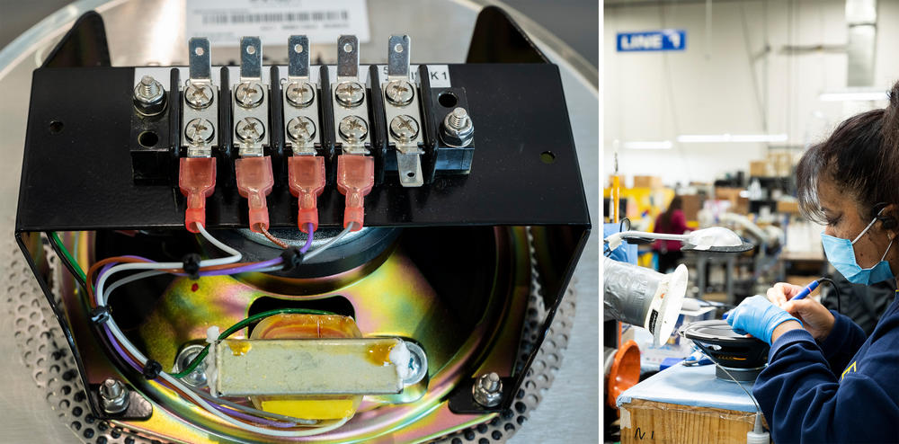 Mariela Sanchez checks the cables and routes wires to the speaker, soldering the wires and cutting them to size at MISCO's factory in St. Paul, Minn.
