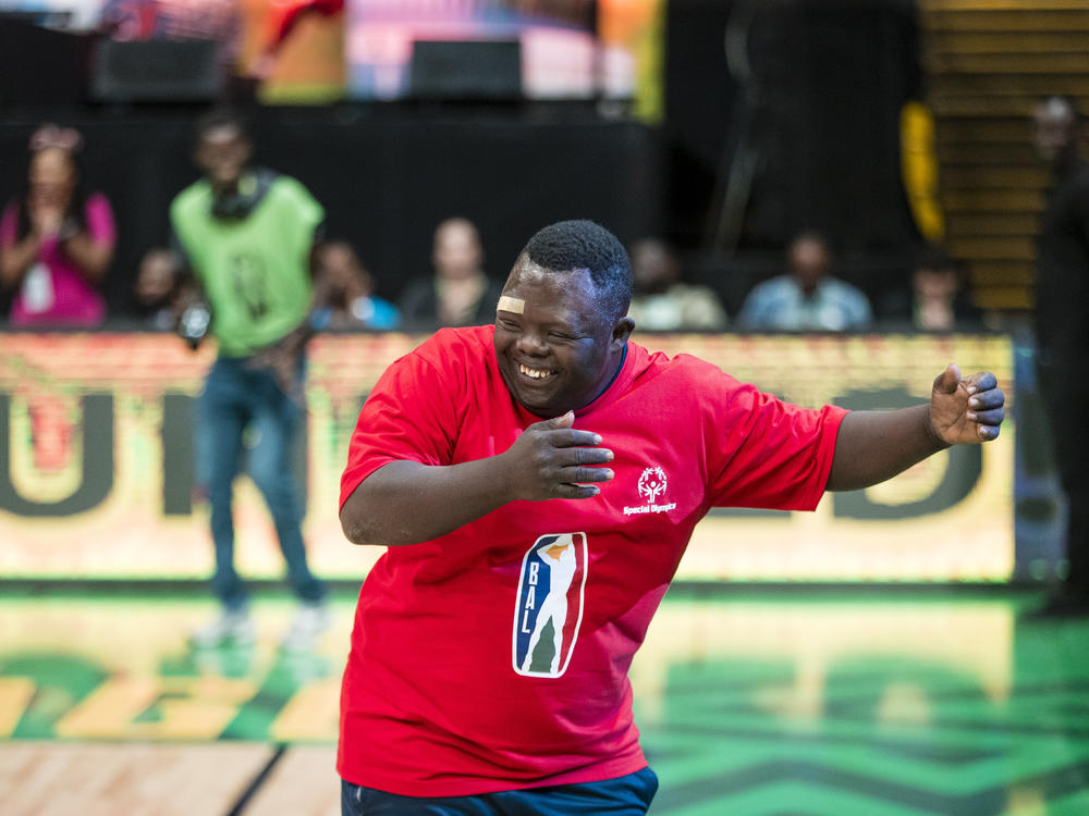 Ablaye Ndiaye celebrates during a basketball game in Dakar, Senegal on March 11, 2023. His celebratory dances during games at this year's Special Olympics have become iconic enough to make the highlight reels. 