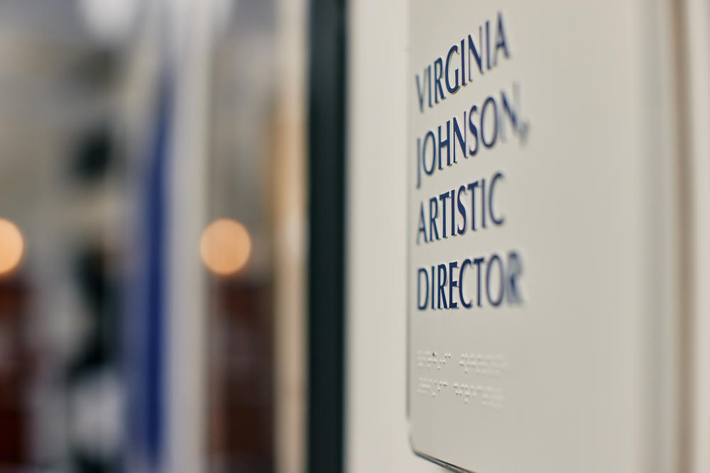 Office nameplate of Virginia Johnson, the outgoing artistic director of Dance Theatre of Harlem in one of the hallways at the studio located at 466 West 152nd street in New York City, N.Y. on Thursday, June 22, 2023.