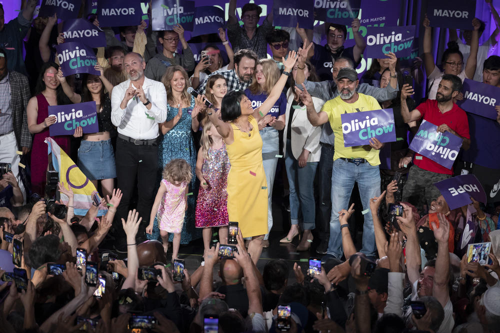 Olivia Chow celebrates with supporters after being declared the winner in the race for mayor of Toronto at an election night rally on Monday.