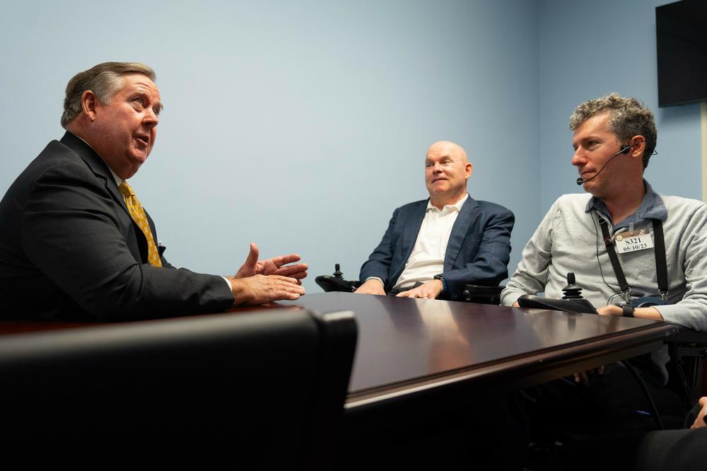 Wallach and fellow ALS patient Dan Tate, Jr. (middle) meet with Rep. Ken Calvert (R-CA) in the Capitol in Washington, D.C.