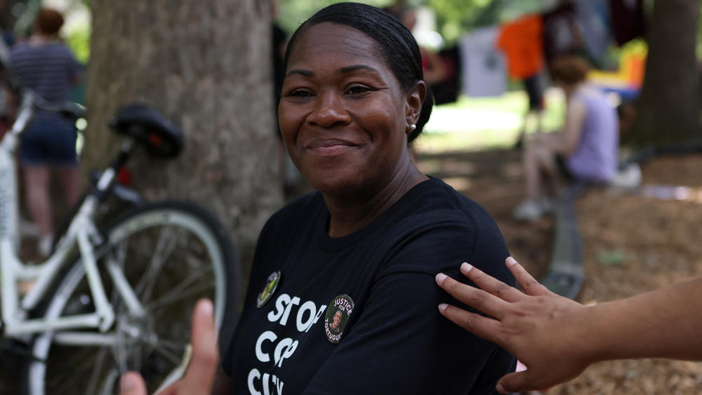 Rev. Keyanna Jones, an organizer with Community Movement Builders and the Faith Coalition to Stop Cop City, attends a gathering in opposition to the Atlanta Public Safety Training Center on June 24.