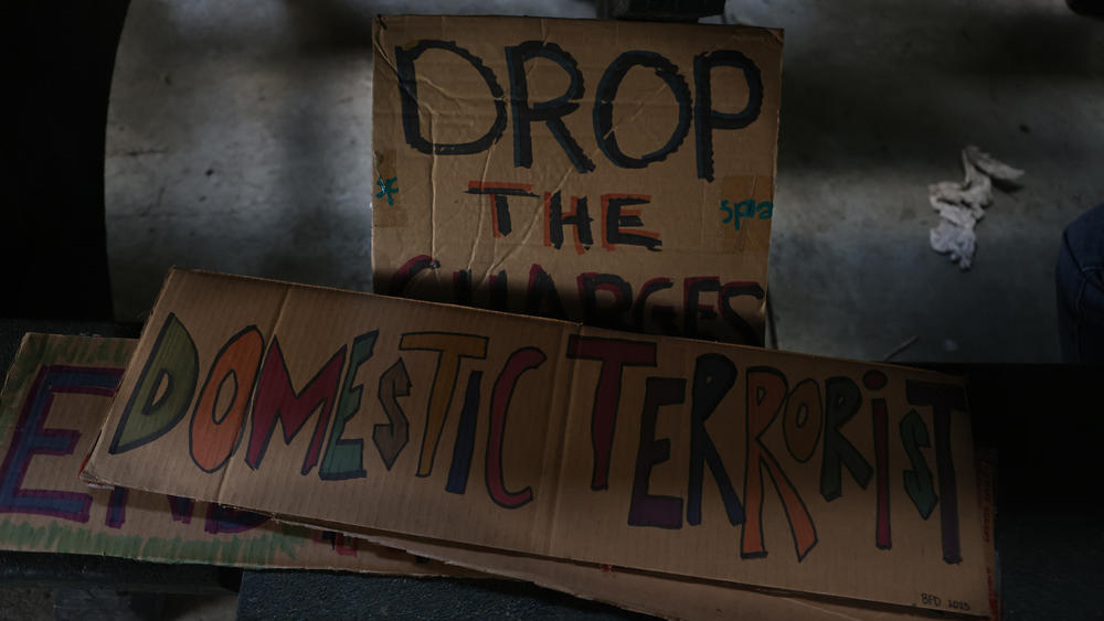 Signs made by activists during a gathering at Brownwood Park, an Atlanta park about 4 miles north of the site of the planned Atlanta Public Safety Training Center.