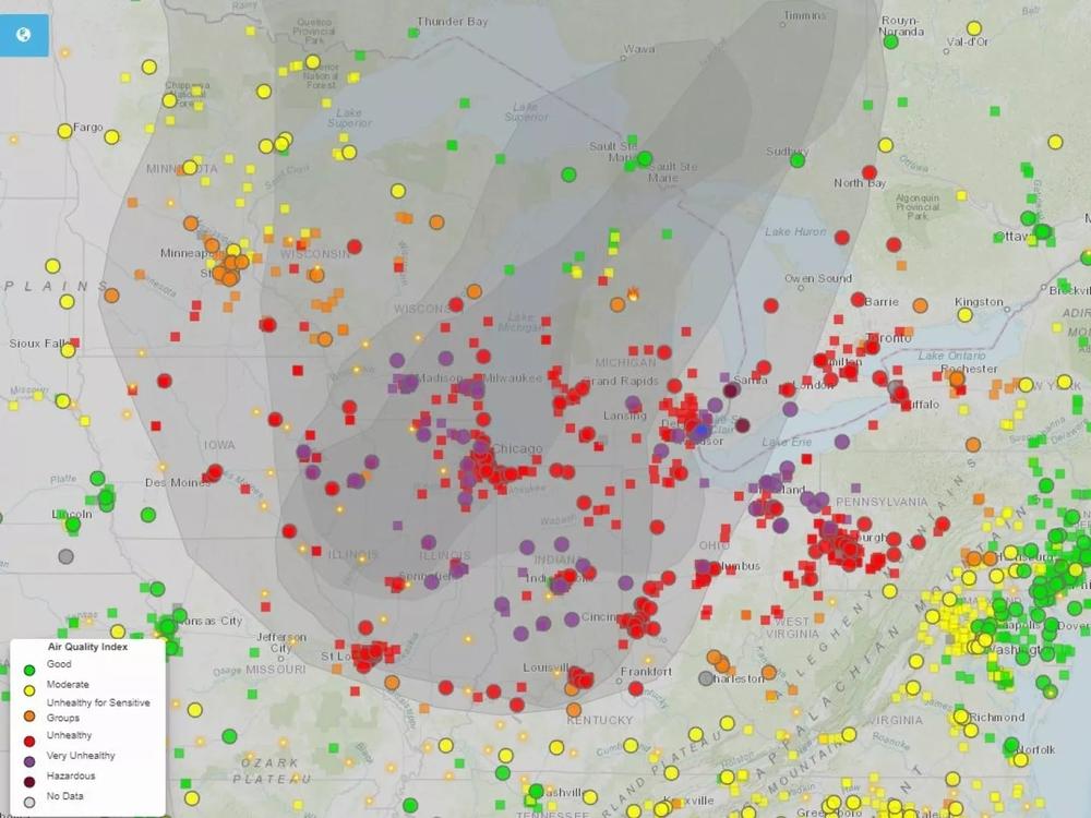 A screenshot of the AirNow database shows the impact of smoke from Canadian wildfires on Wednesday.