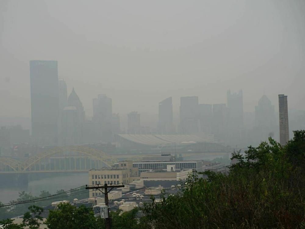 Smoke and haze from the Canadian wildfires hang over Pittsburgh on June 28.