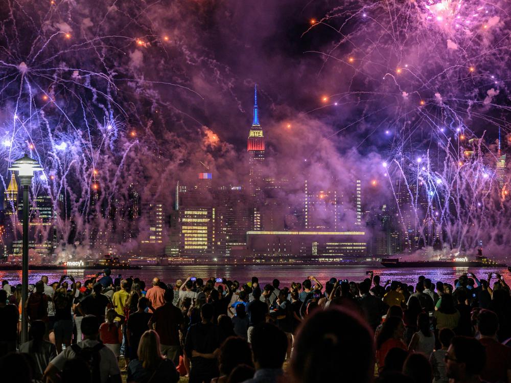 Fireworks explode over the Manhattan skyline during Independence Day celebrations in New York City on July 4, 2022.