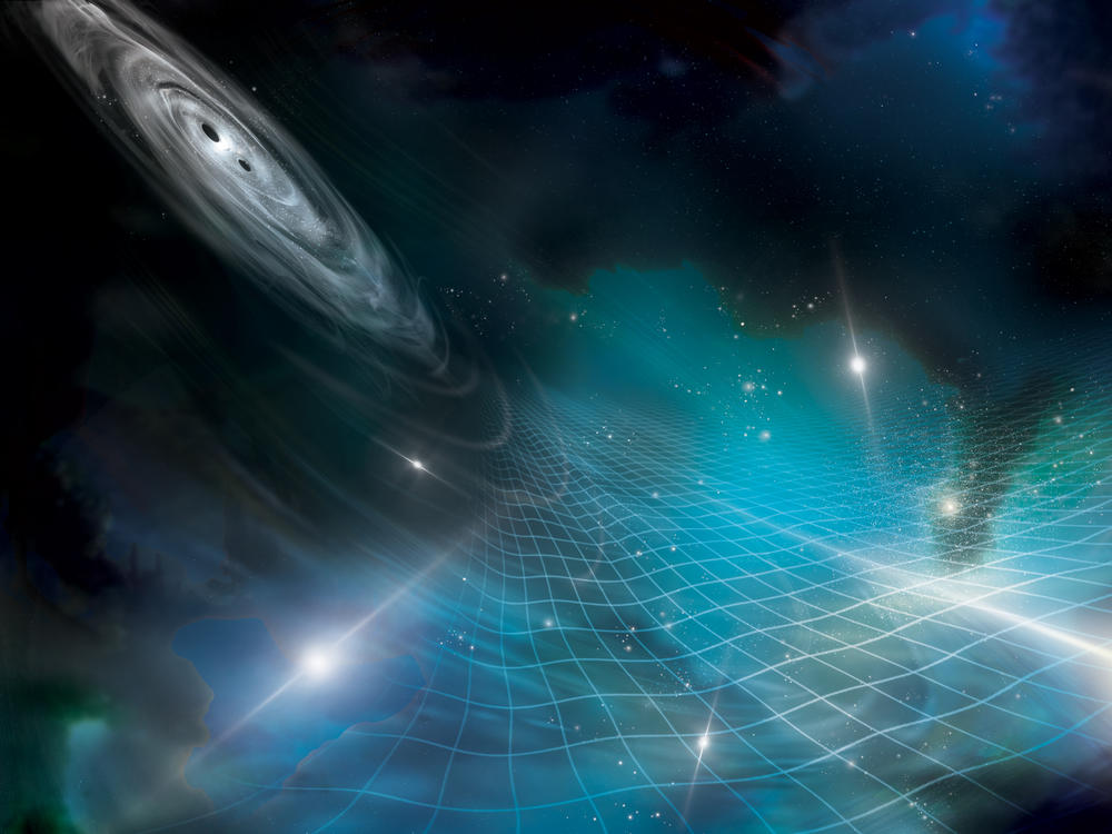 This artist's impression shows a pair of supermassive black holes circling each other and sending out gravitational waves, which affect the bright, shining pulsars.