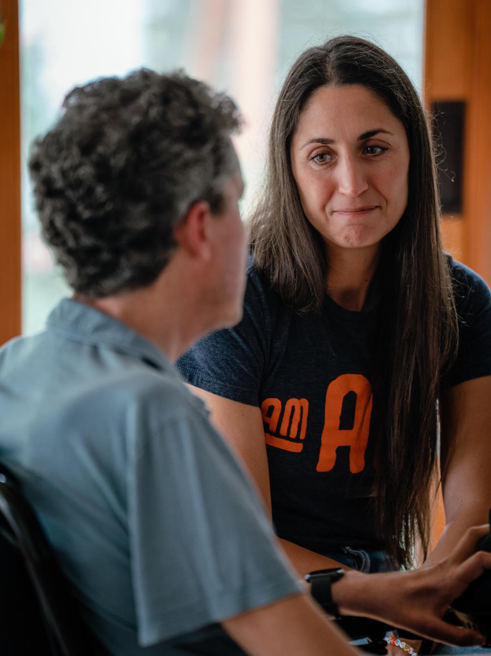 Abrevaya listens carefully as Wallach speaks so that she can translate his words.