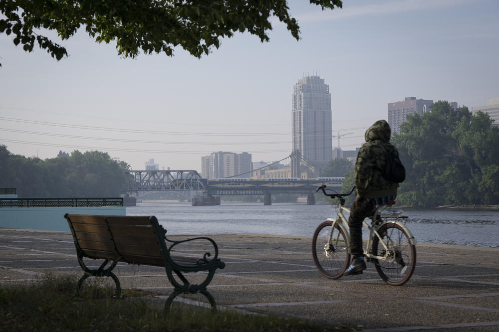 Smoke from Canadian wildfires is seen from Boom Island Park on Tuesday in Minneapolis, Minn. Smoke from two different regions in Canada has combined to make the air quality unhealthy in Minnesota.