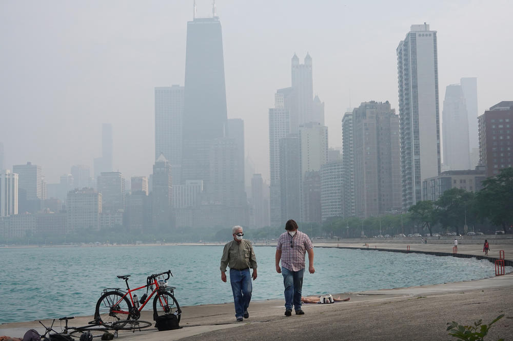 Wildfire smoke clouds the skyline on Wednesday in Chicago. The Chicago area is under an air quality alert as smoke from Canadian wildfires has covered the city.