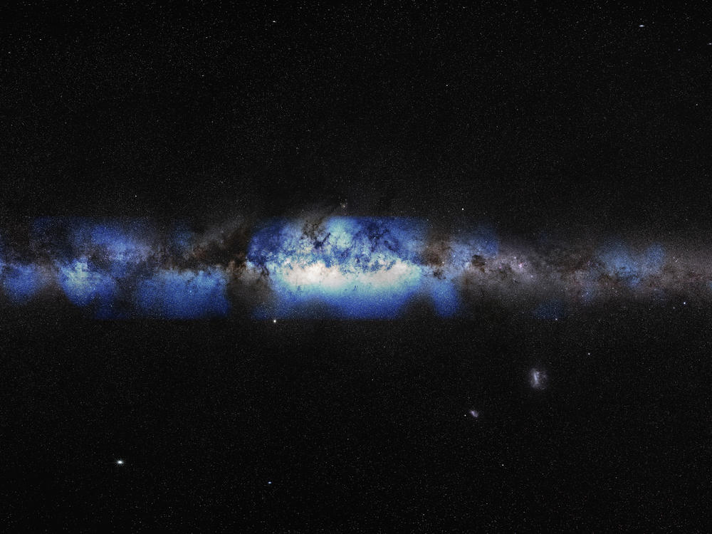 An artist's composition of the Milky Way's interior, with neutrino emissions in blue.